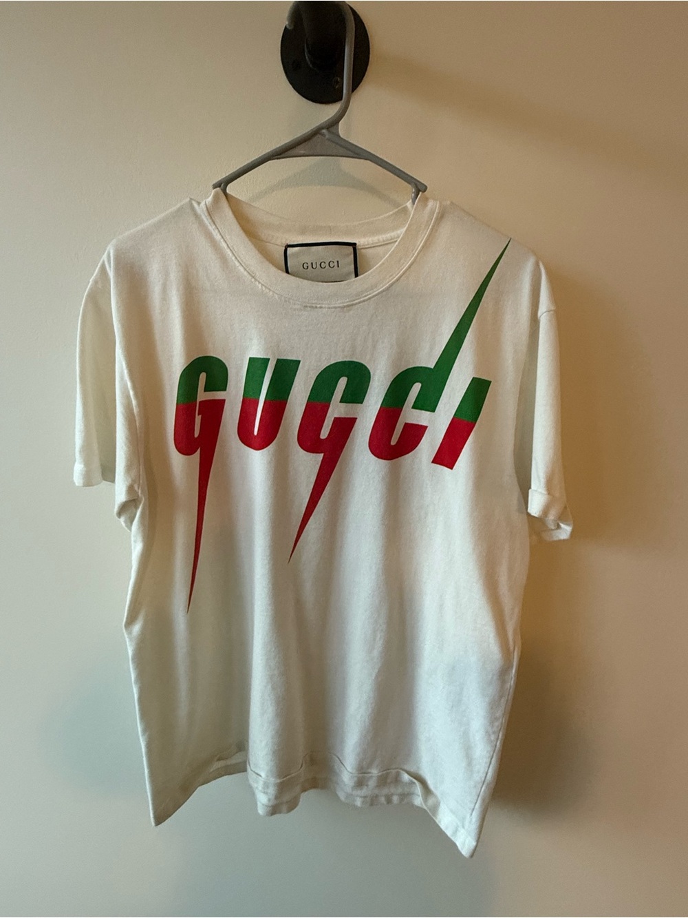 Gucci White Tee with Red and Green Lightning Logo